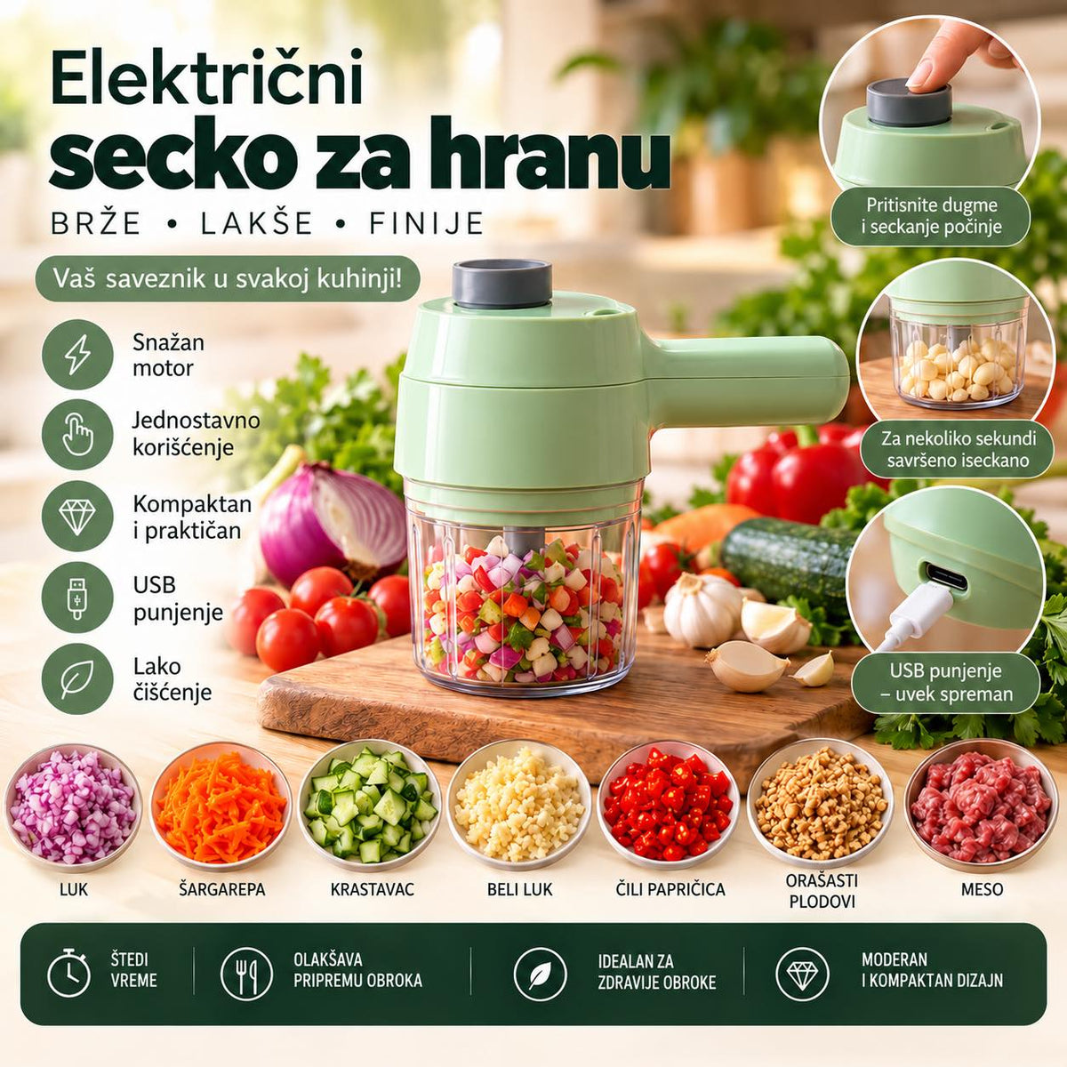 Električni secko za hranu 2u1 – Brzo seckanje i jednostavna priprema obroka
